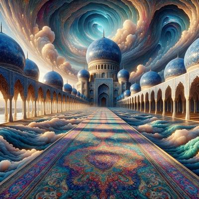 The primary subject of the image is a beautifully designed carpet with a pattern that resembles a palace. The carpet features a palace-like design, giving it a luxurious and grand appearance. The setting is a palace, with the carpet placed in front of it. The visual style of the image is digital art, as it is a detailed and intricate design. The colors and mood of the image are predominantly blue and purple, creating a serene and elegant atmosphere.